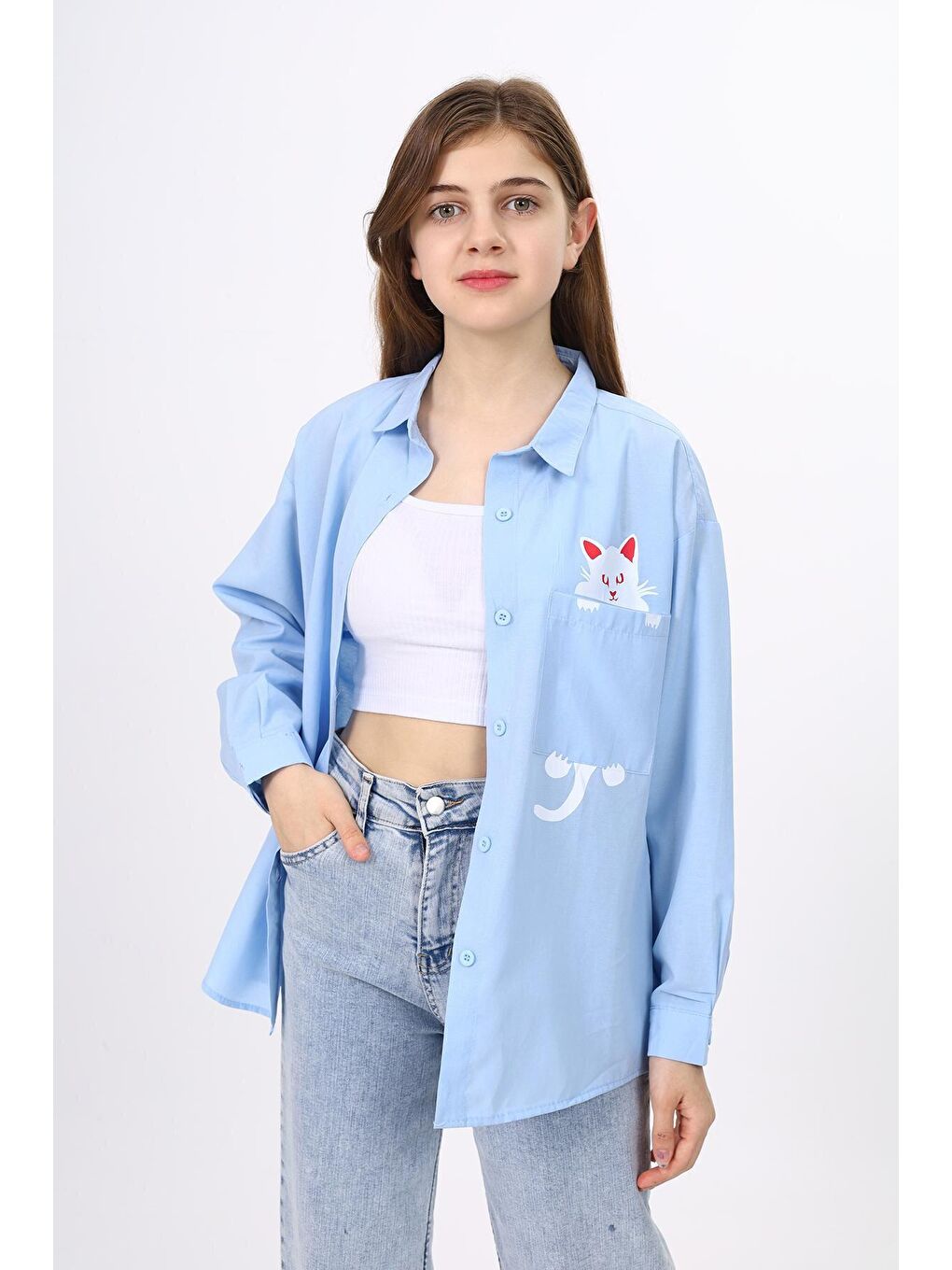 Mavi Kız Çocuk Rahat Kesim Kedi Baskılı Keten Gömlek 9-14 Yaş LX241-1