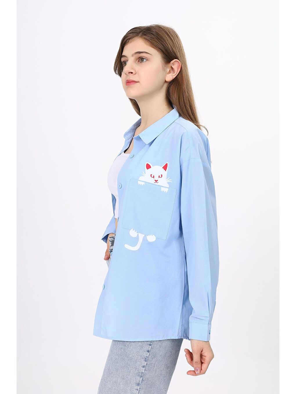 Mavi Kız Çocuk Rahat Kesim Kedi Baskılı Keten Gömlek 9-14 Yaş LX241-1-1