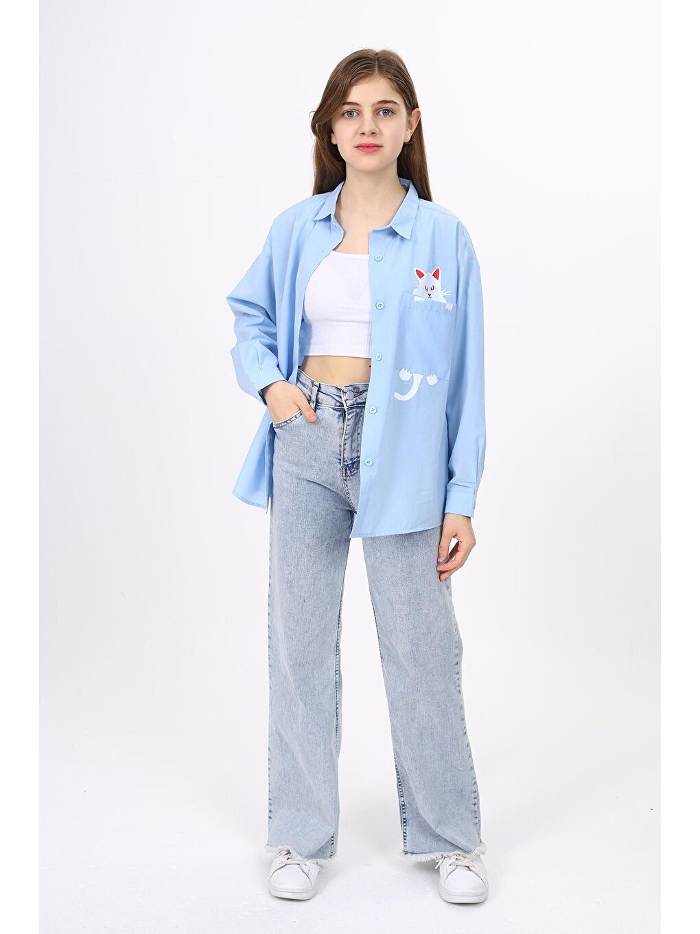 Mavi Kız Çocuk Rahat Kesim Kedi Baskılı Keten Gömlek 9-14 Yaş LX241-1-2