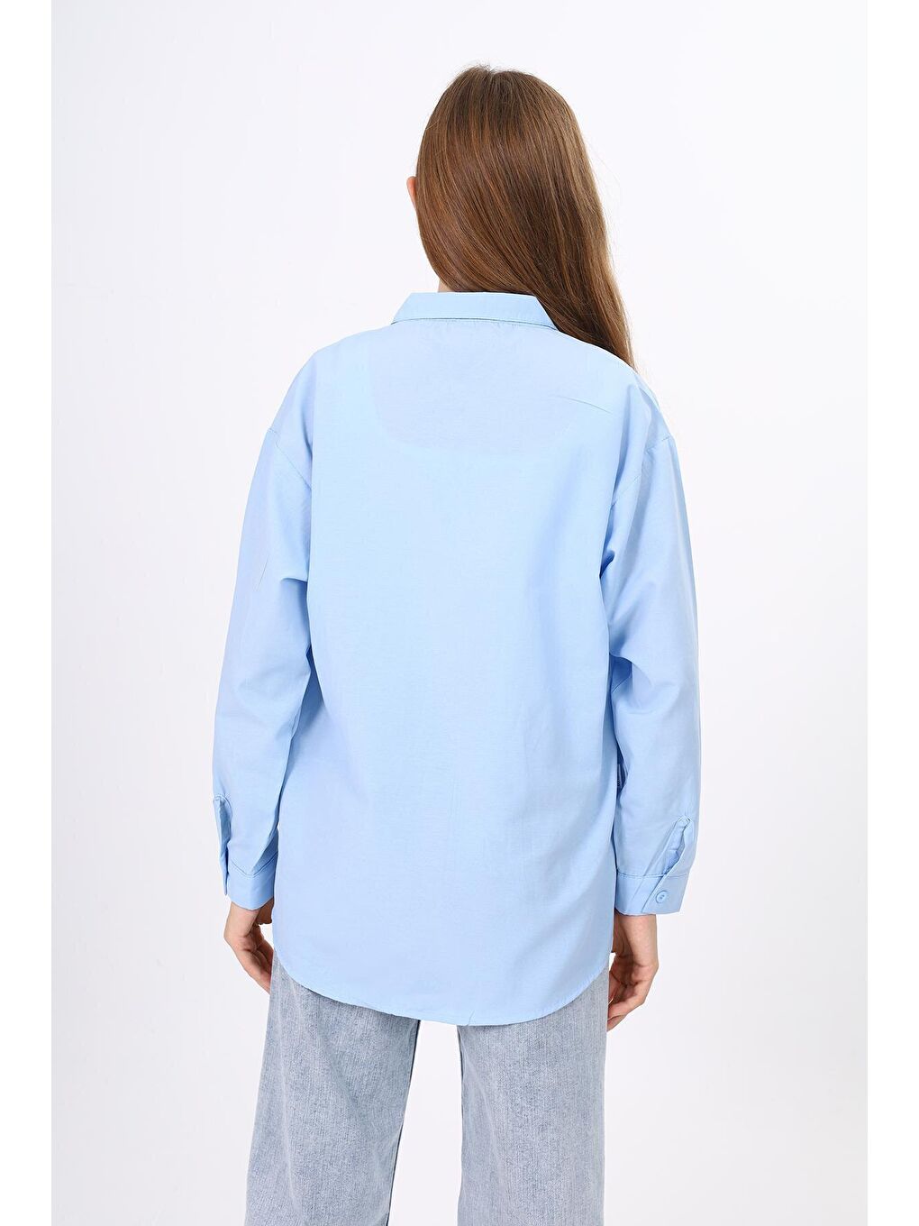 Mavi Kız Çocuk Rahat Kesim Kedi Baskılı Keten Gömlek 9-14 Yaş LX241-1-3