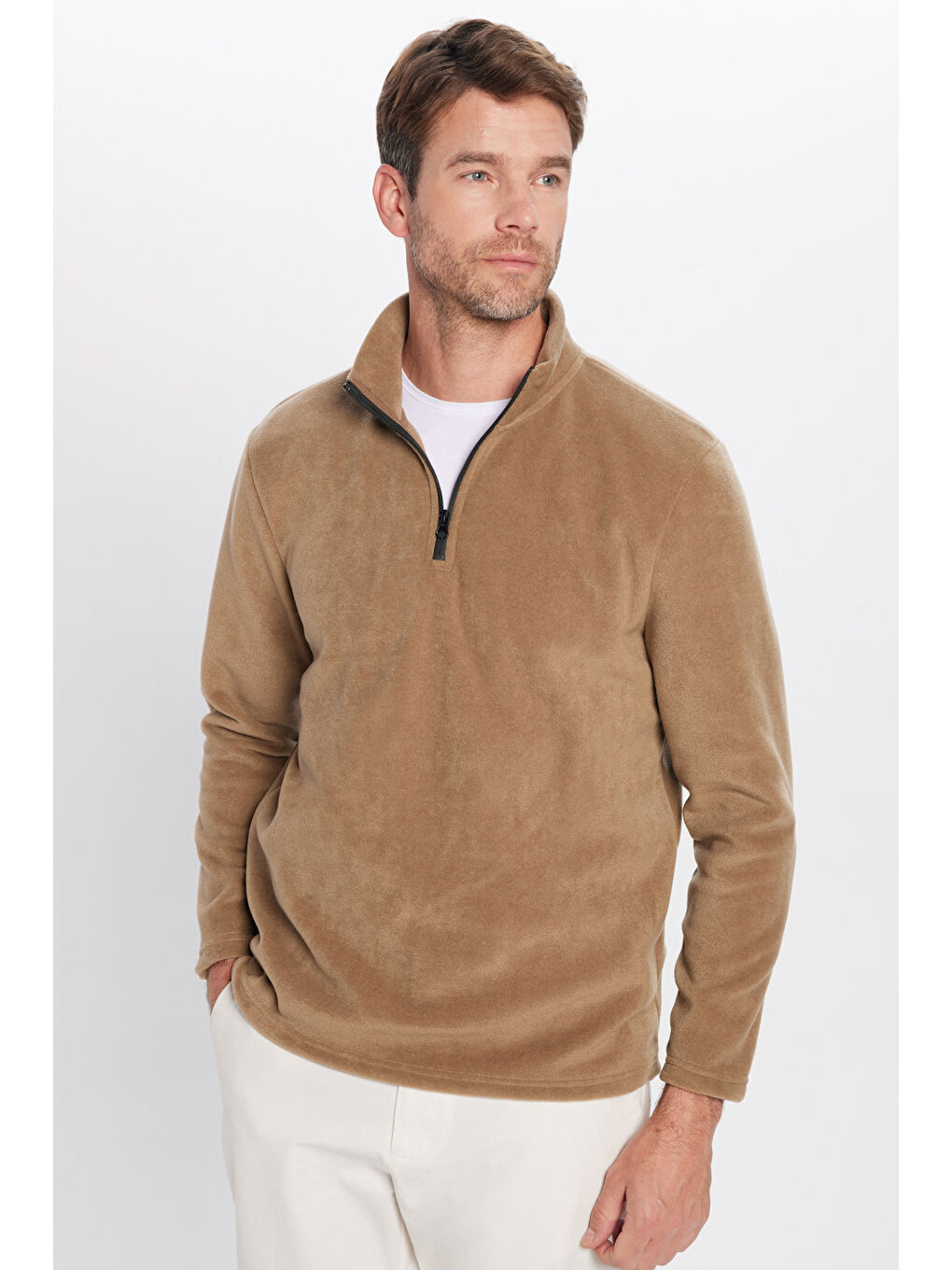 Kahverengi Erkek Dik Yaka Tüylenme Yapmayan Soğuk Geçirmez Standart Fit Rahat Kesim Polar Sweatshirt