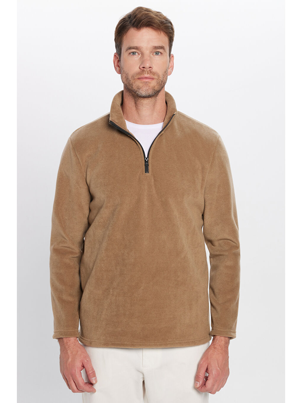 Kahverengi Erkek Dik Yaka Tüylenme Yapmayan Soğuk Geçirmez Standart Fit Rahat Kesim Polar Sweatshirt-1