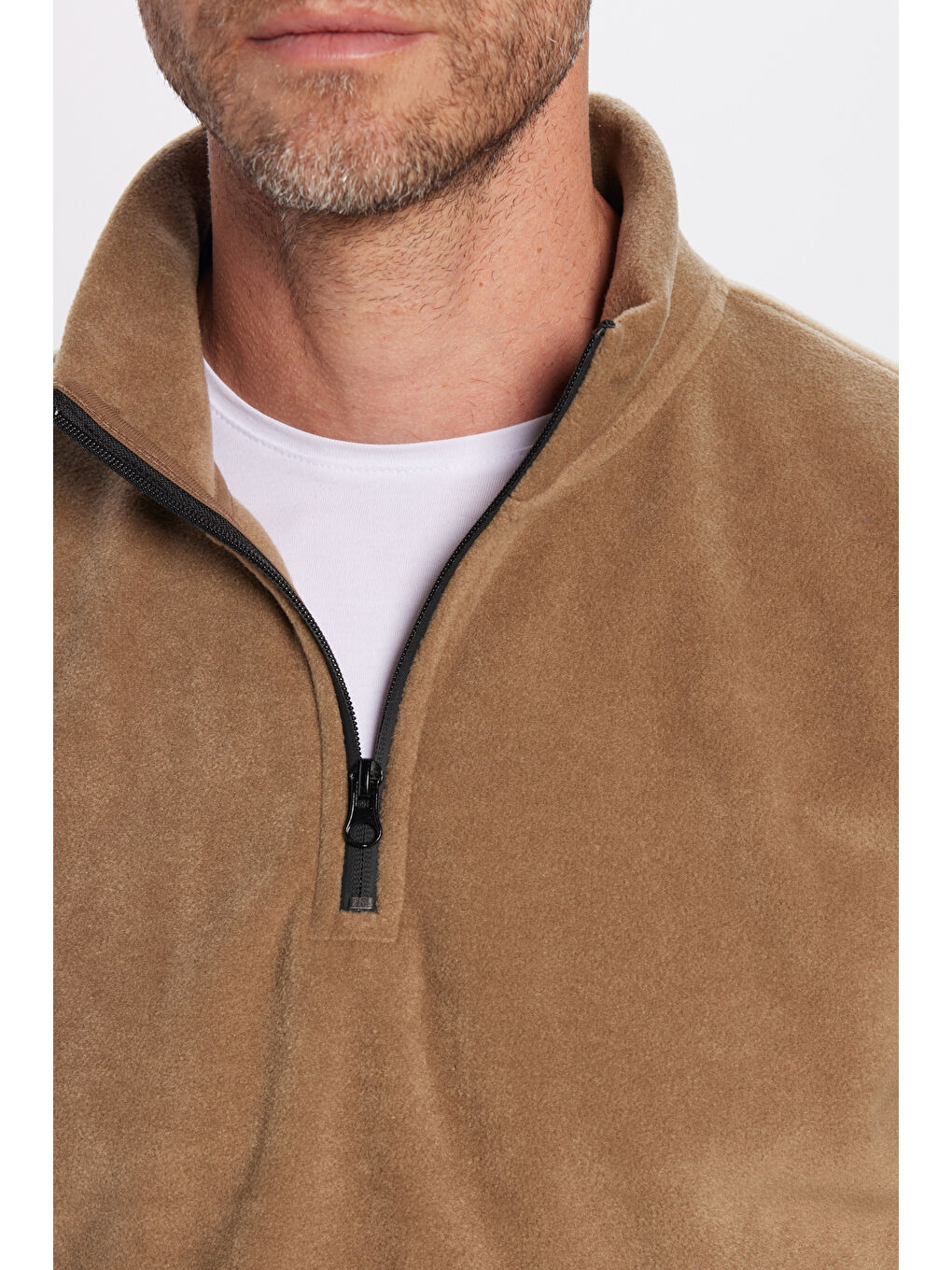 Kahverengi Erkek Dik Yaka Tüylenme Yapmayan Soğuk Geçirmez Standart Fit Rahat Kesim Polar Sweatshirt-2