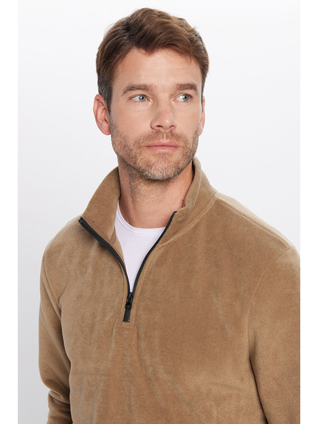 Kahverengi Erkek Dik Yaka Tüylenme Yapmayan Soğuk Geçirmez Standart Fit Rahat Kesim Polar Sweatshirt-3