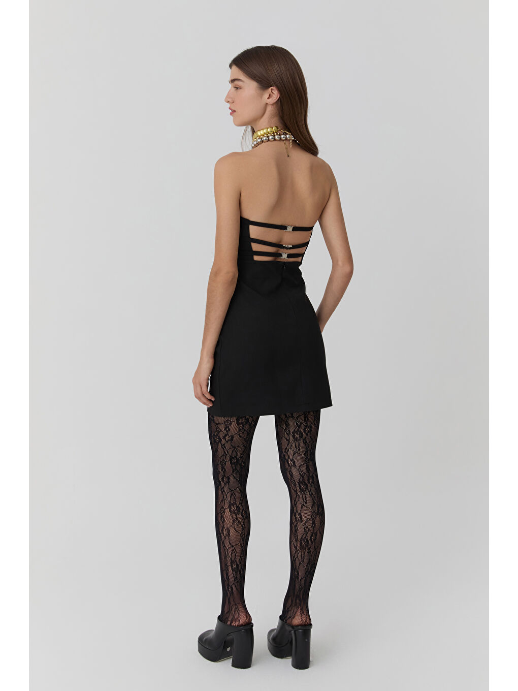 Sırt Dekolteli Straplez Mini Elbise Siyah-4