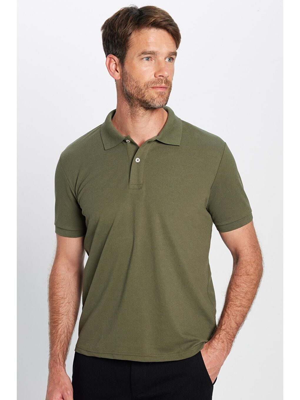 Erkek Slim Fit Dar Kesim Pamuklu Yumuşak Doku Nefes Alan Kumaş Kıvrılmaz Yaka Haki Polo Yaka Tişört-1