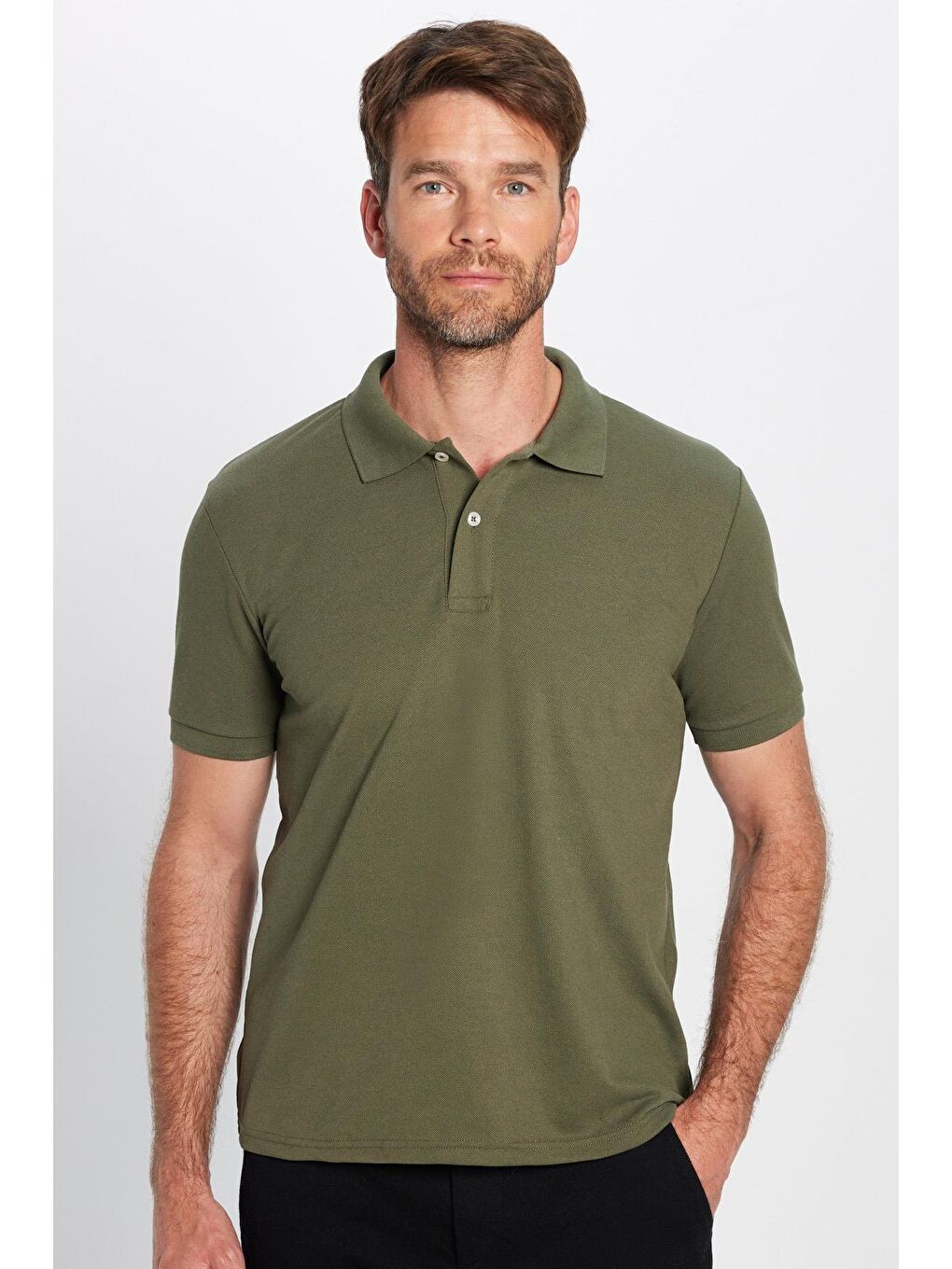 Erkek Slim Fit Dar Kesim Pamuklu Yumuşak Doku Nefes Alan Kumaş Kıvrılmaz Yaka Haki Polo Yaka Tişört-3