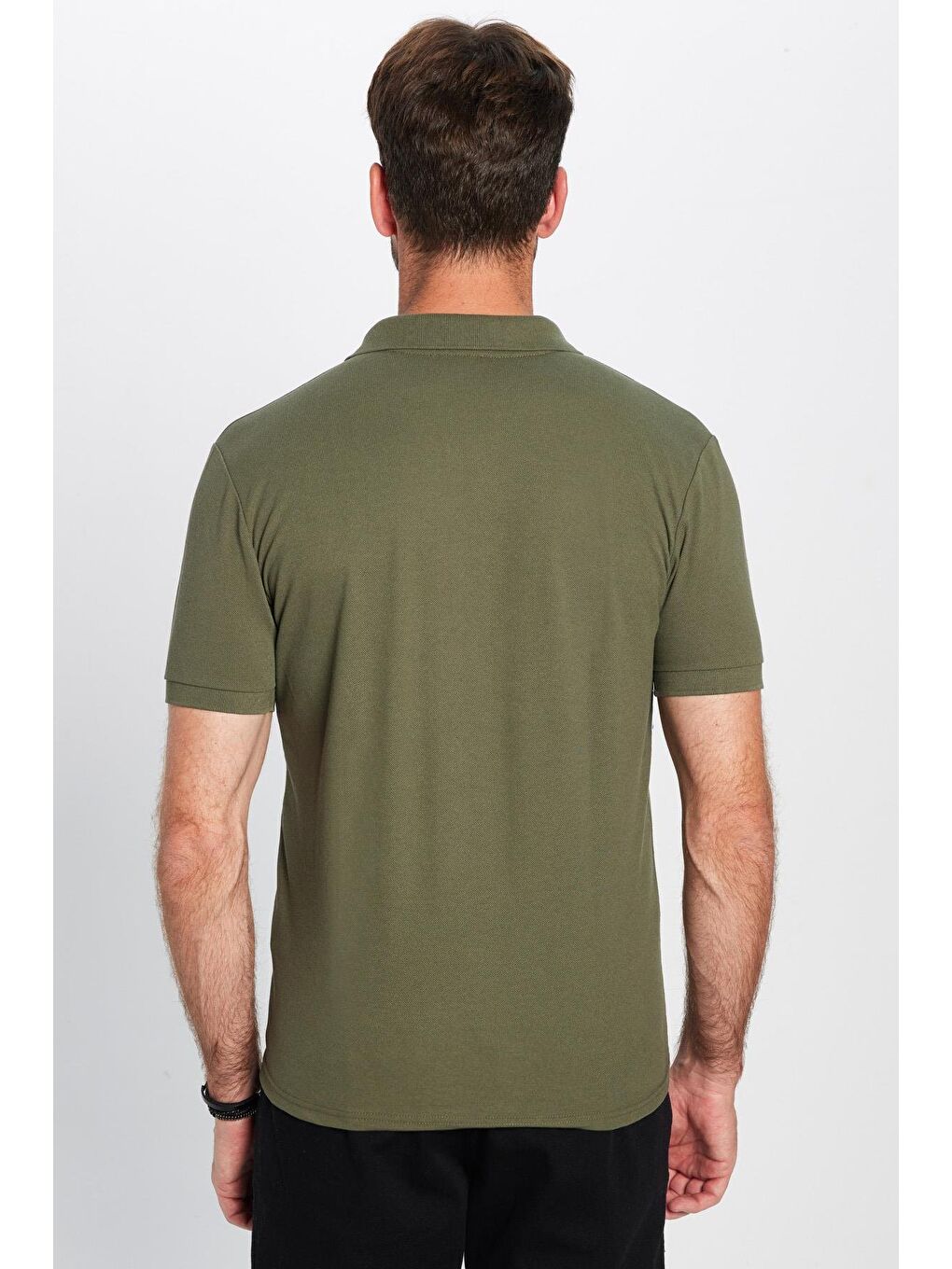 Erkek Slim Fit Dar Kesim Pamuklu Yumuşak Doku Nefes Alan Kumaş Kıvrılmaz Yaka Haki Polo Yaka Tişört-4