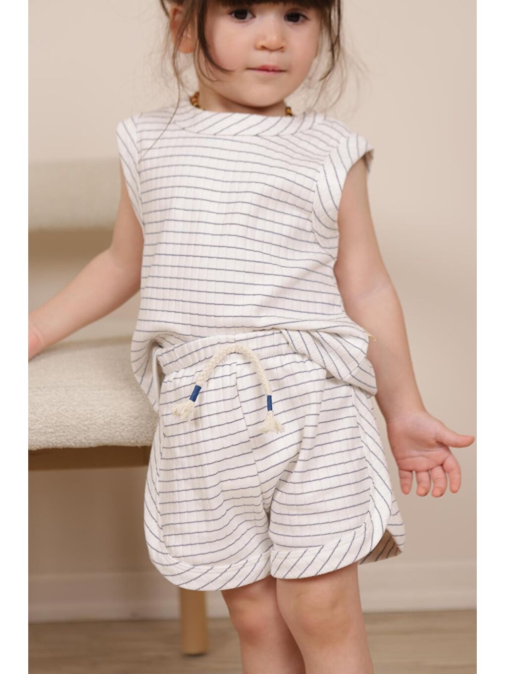 Ekru İndigo Çizgili Atlet Şort Takım-3