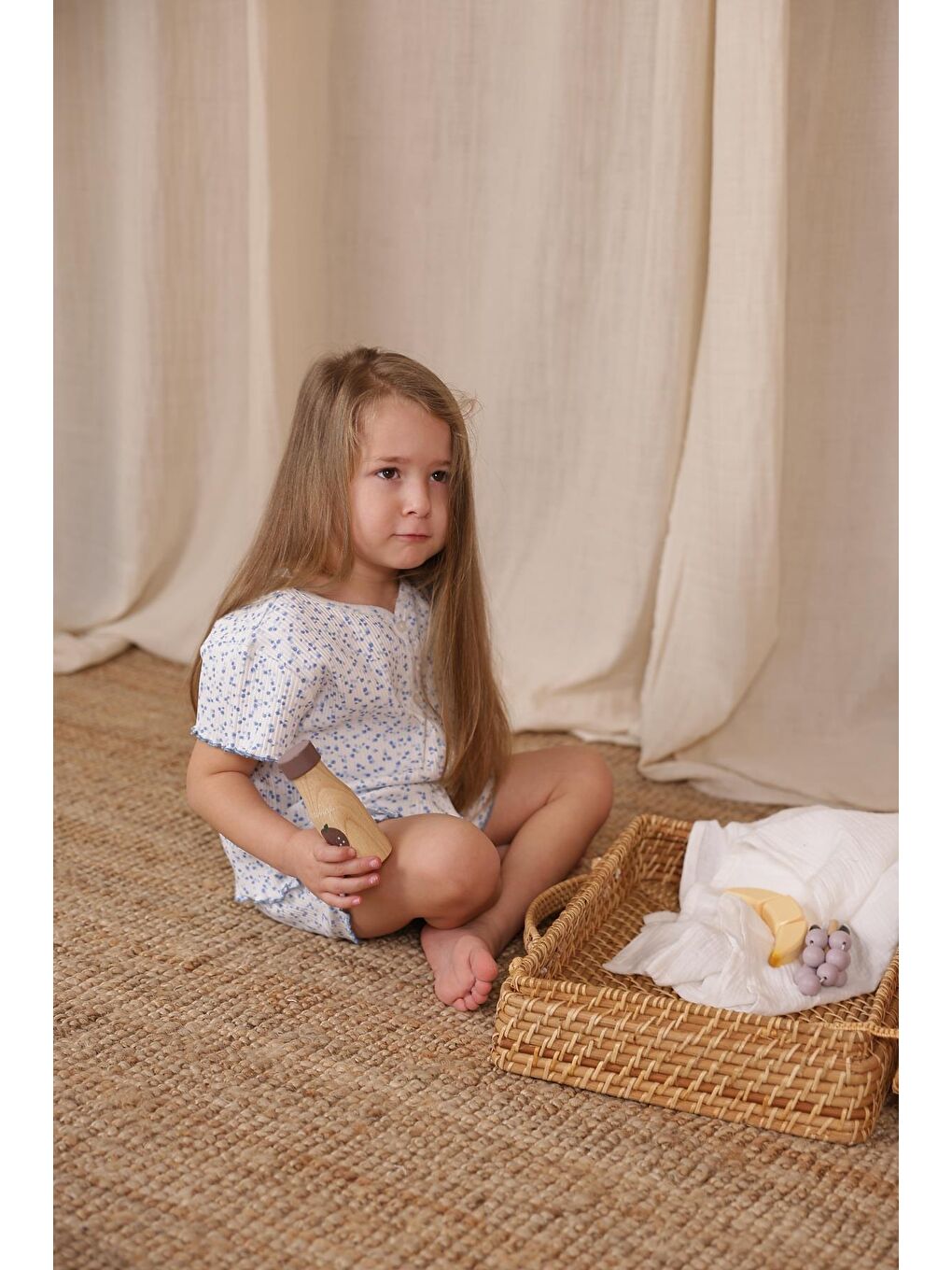 Bej Mavi Çiçek Baskı Kız Şort Takım-7