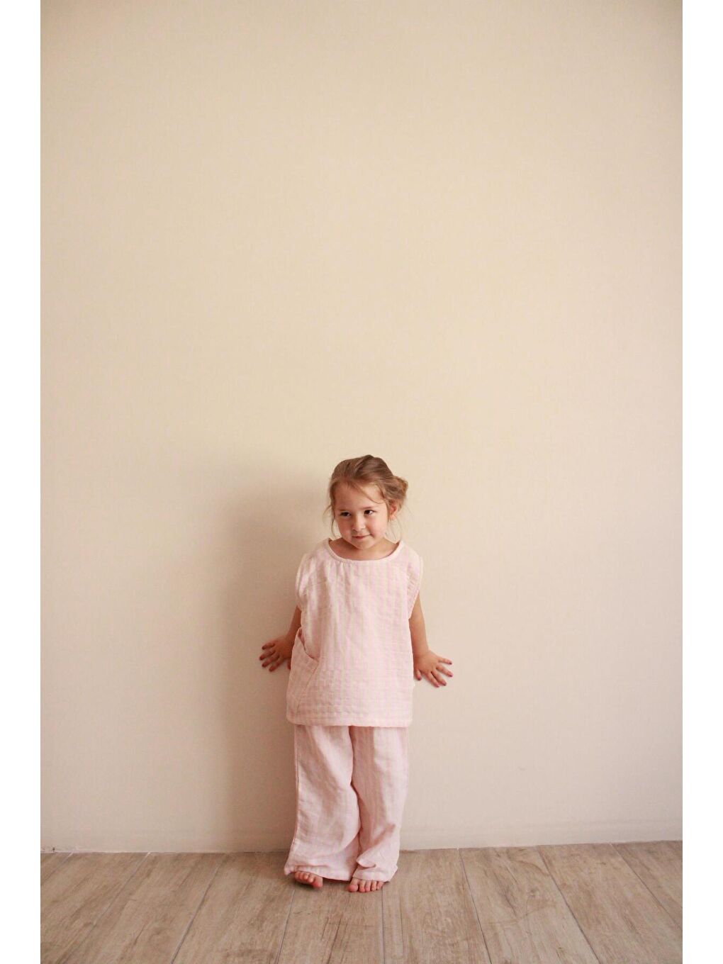 Pembe Çizgili Asimetrik Cepli Müslin Takım-5