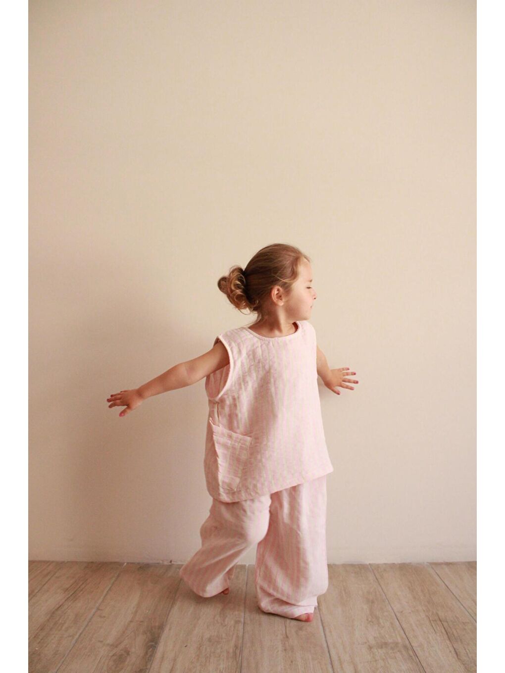 Pembe Çizgili Asimetrik Cepli Müslin Takım-6