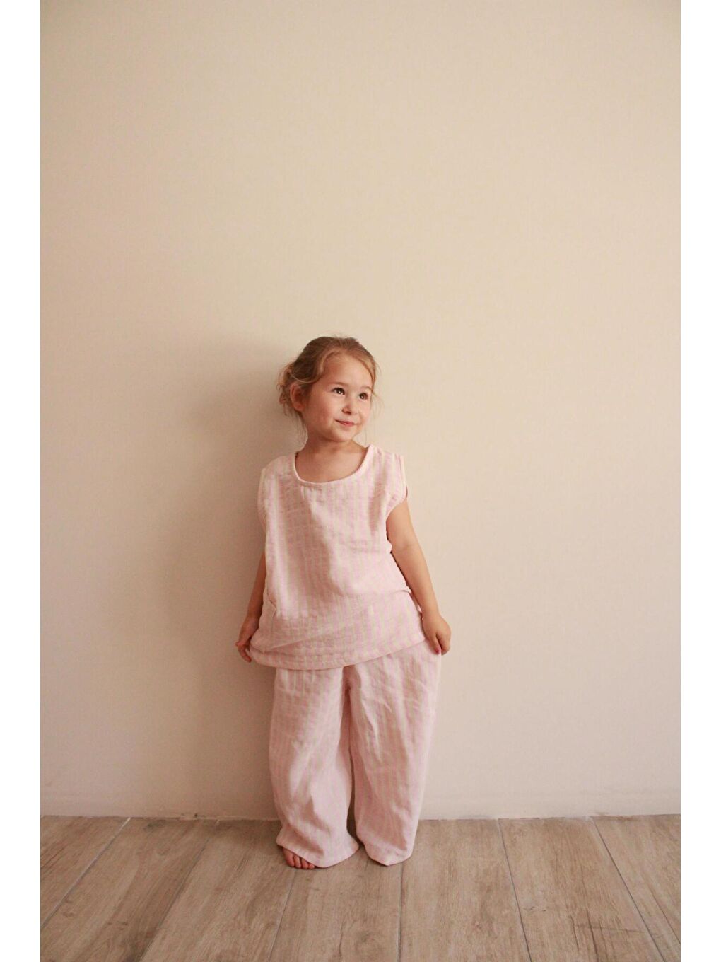 Pembe Çizgili Asimetrik Cepli Müslin Takım-7