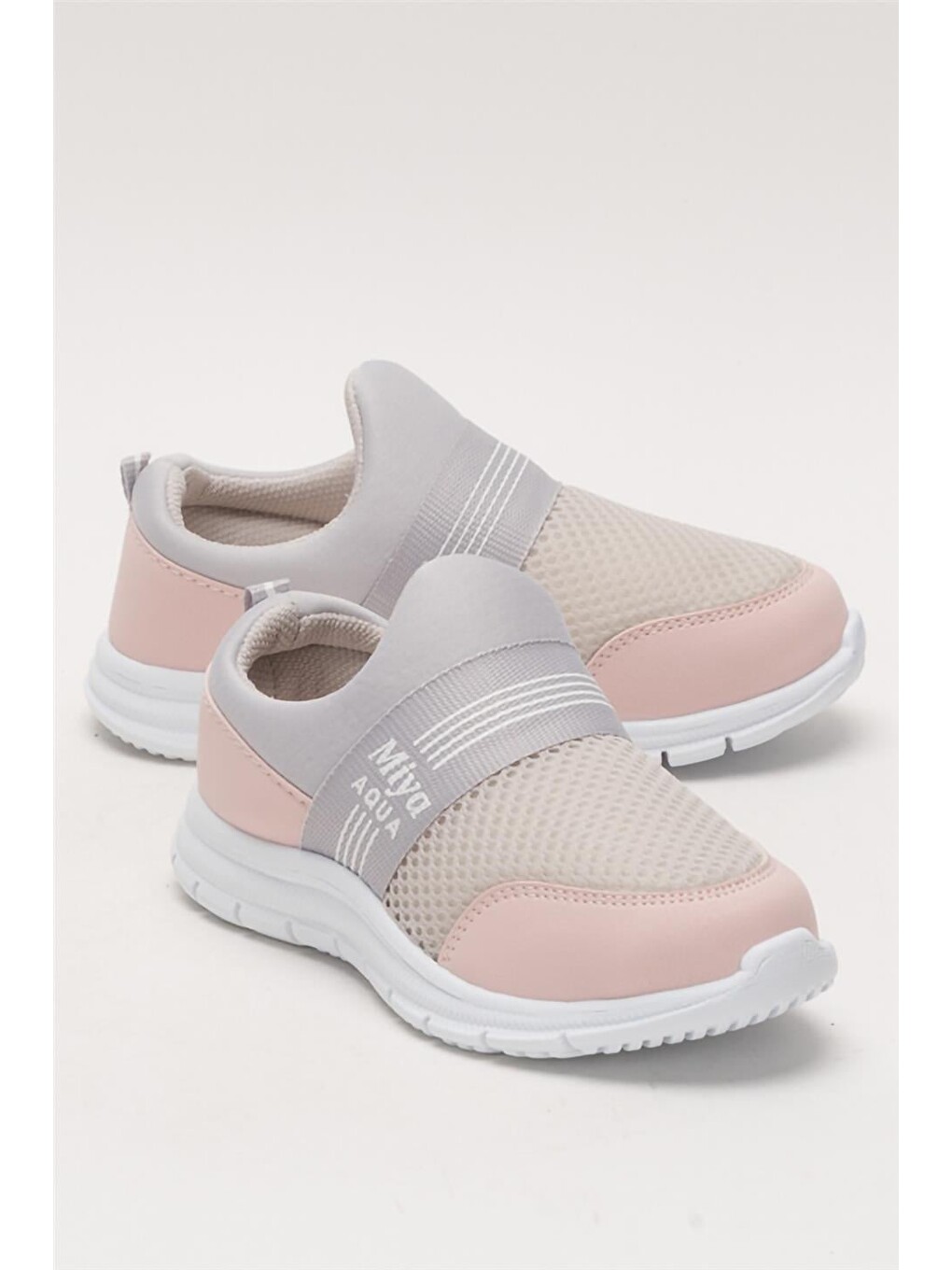 Unisex Lastilkli Hafif Airfle Çocuk Spor Ayakkabı Gri - Pudra-2