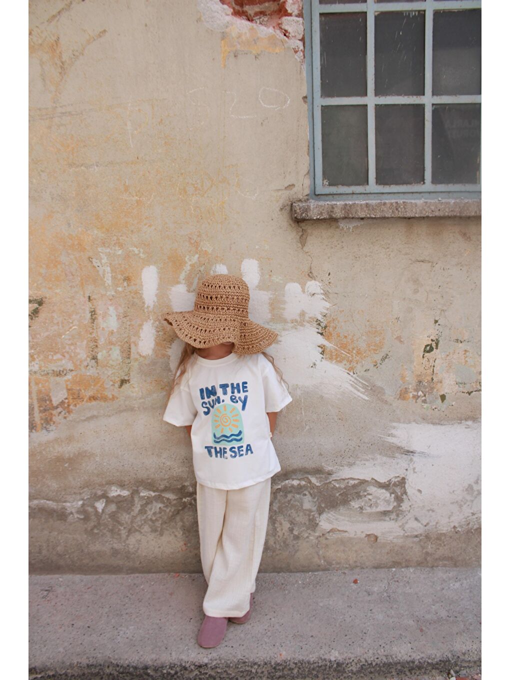 Bej Güneş Baskılı T-shirt Müslin Pantolon Takım-1