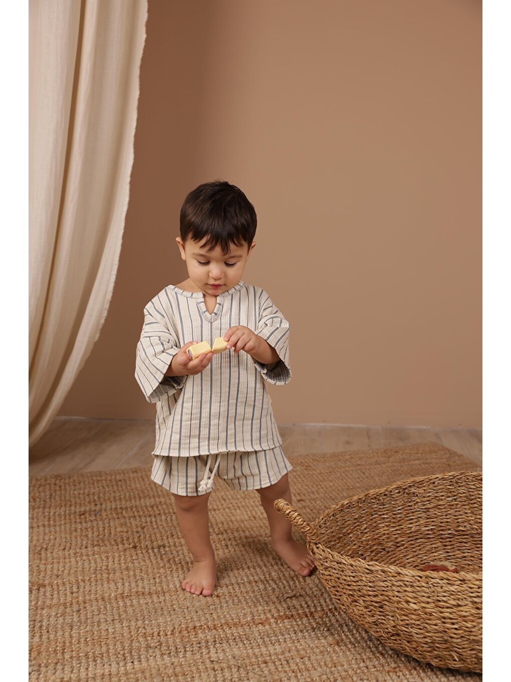 Lacivert İndigo Çizgili Şort Takım-1