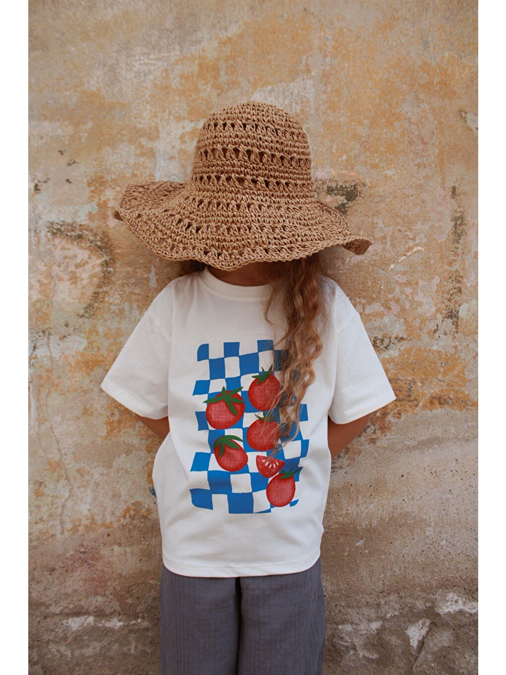 Bej Domates Baskılı T-shirt Müslin Pantolon Takım-1