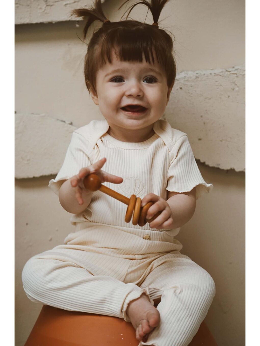 Ekru Deniz Kabuğu Nakışlı Fitilli Kısa Kollu Body Tayt Set-2