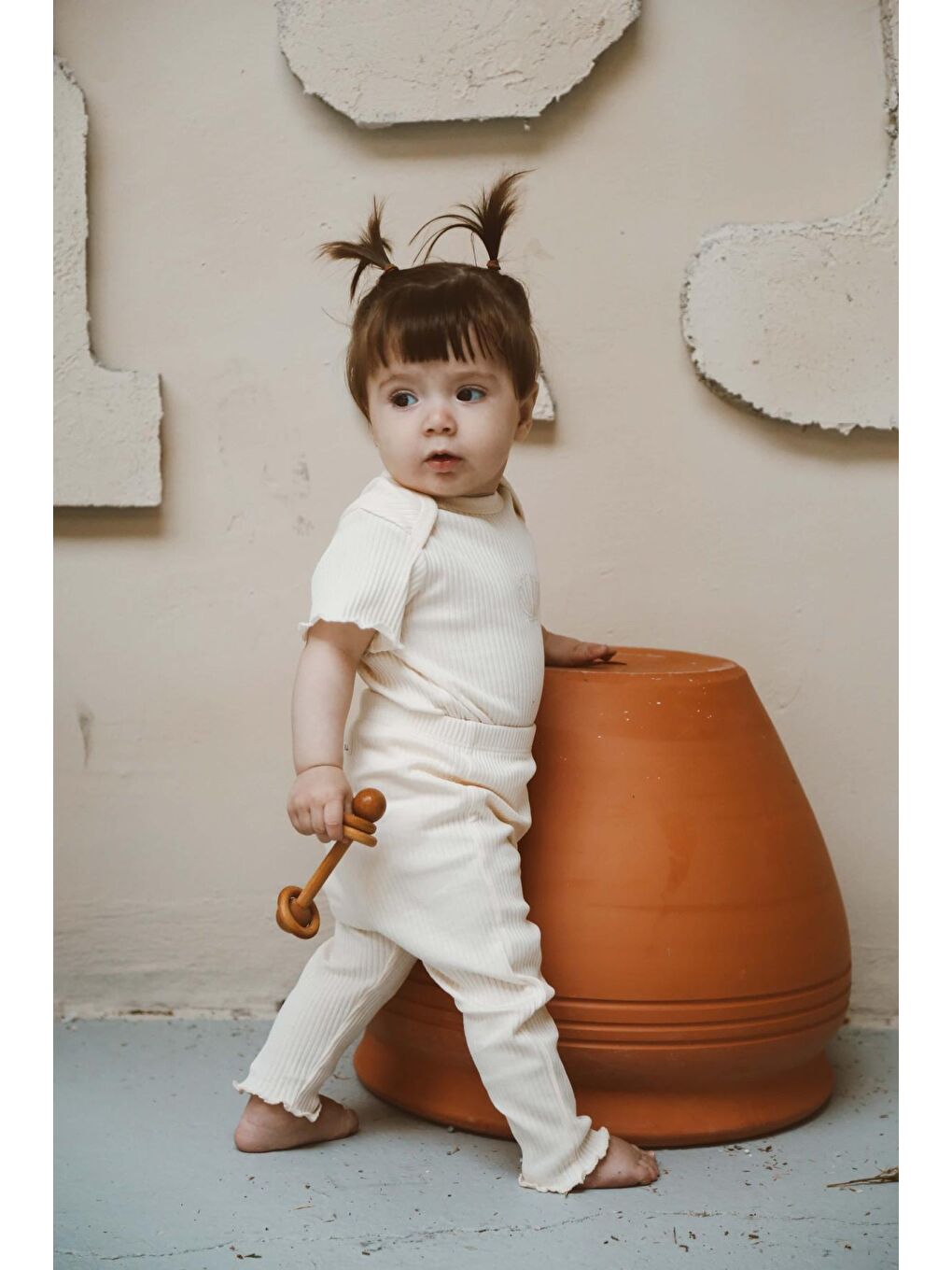 Ekru Deniz Kabuğu Nakışlı Fitilli Kısa Kollu Body Tayt Set-3