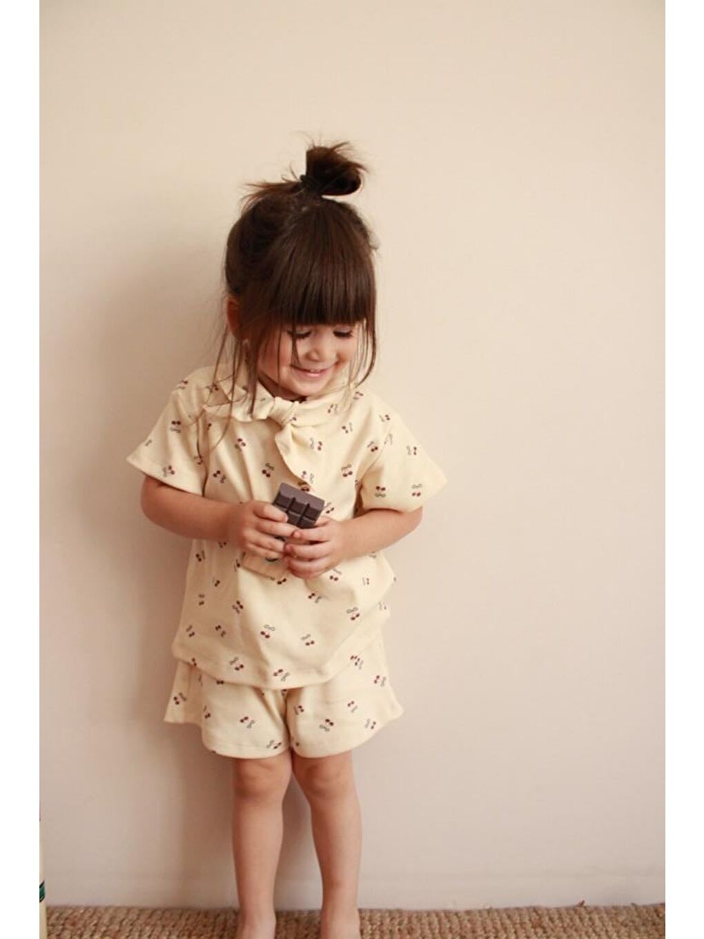 Ekru Cherry Baskı Kaşkorse Yaka Bağlamalı Takım-4