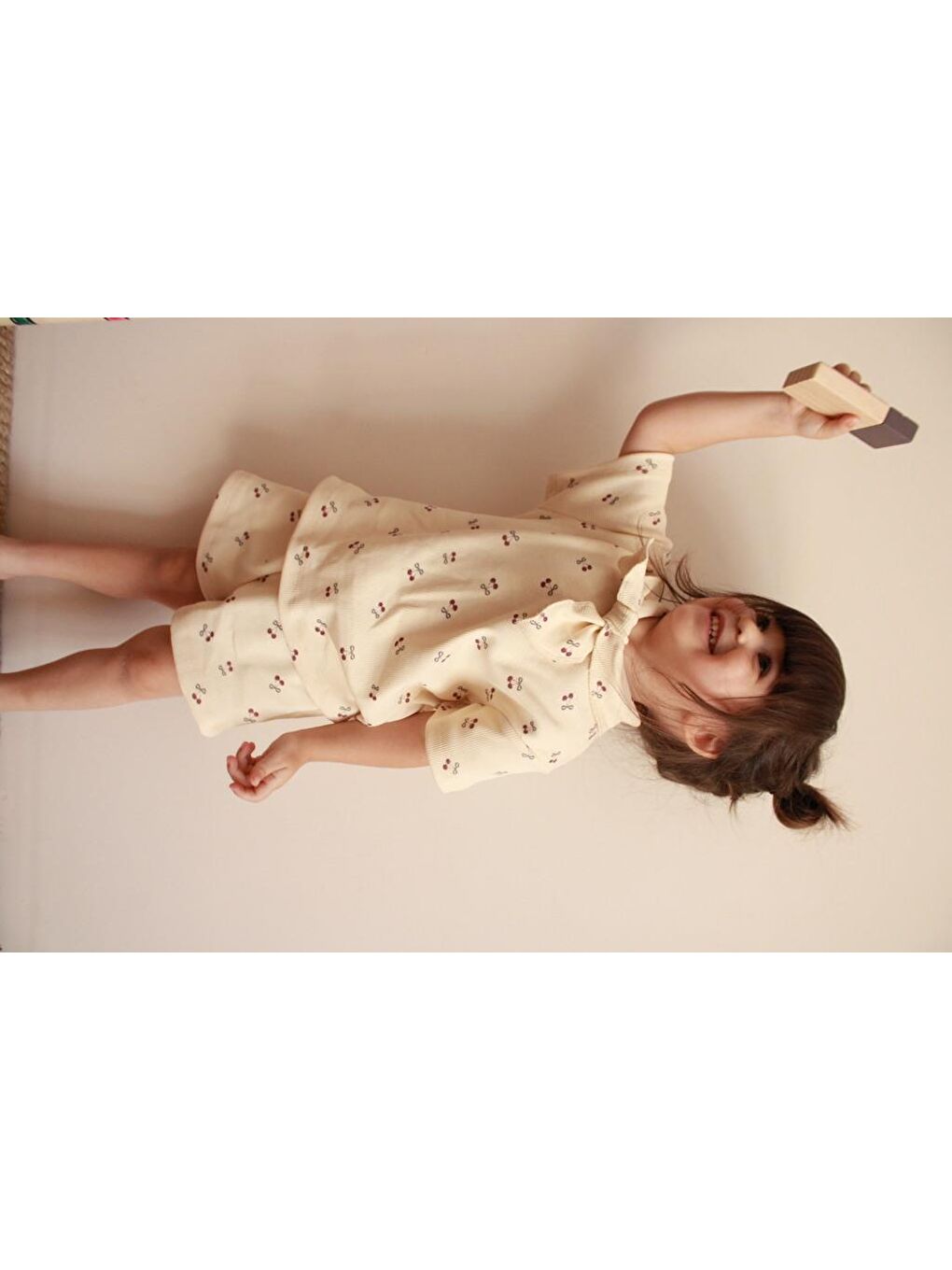 Ekru Cherry Baskı Kaşkorse Yaka Bağlamalı Takım-5