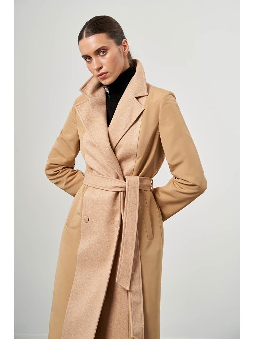 Bej Kaşe Bloklu Camel Trençkot-2