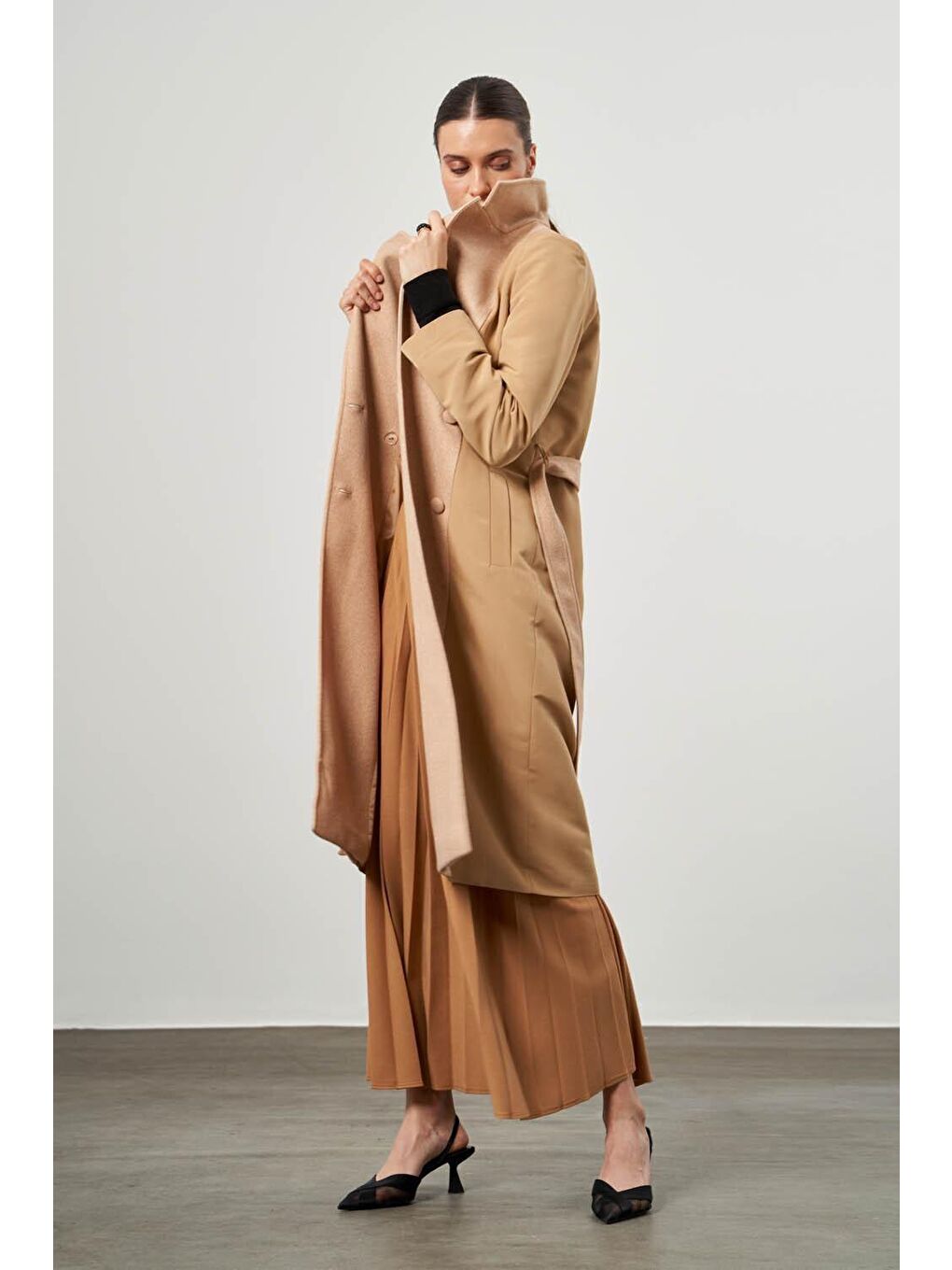 Bej Kaşe Bloklu Camel Trençkot-4