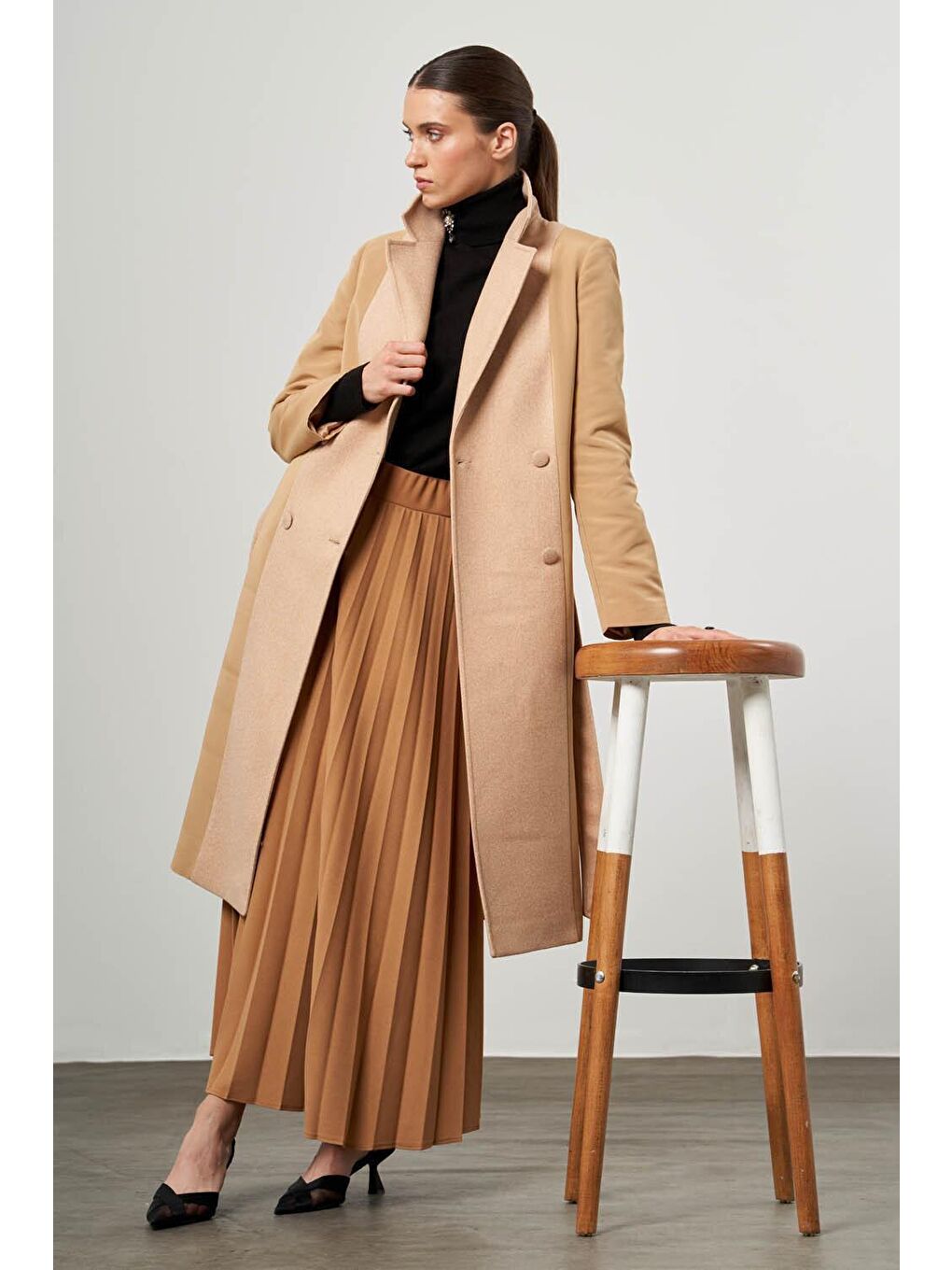 Bej Kaşe Bloklu Camel Trençkot-5