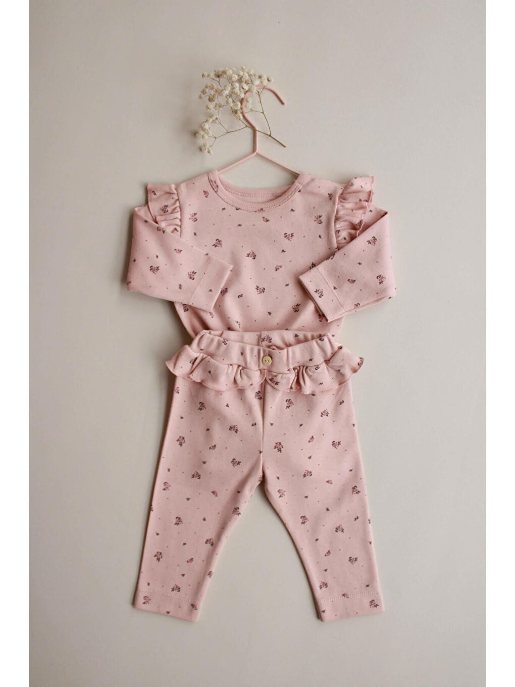 Bej Gül Baskılı Fırfırlı Body Tayt Takım-1