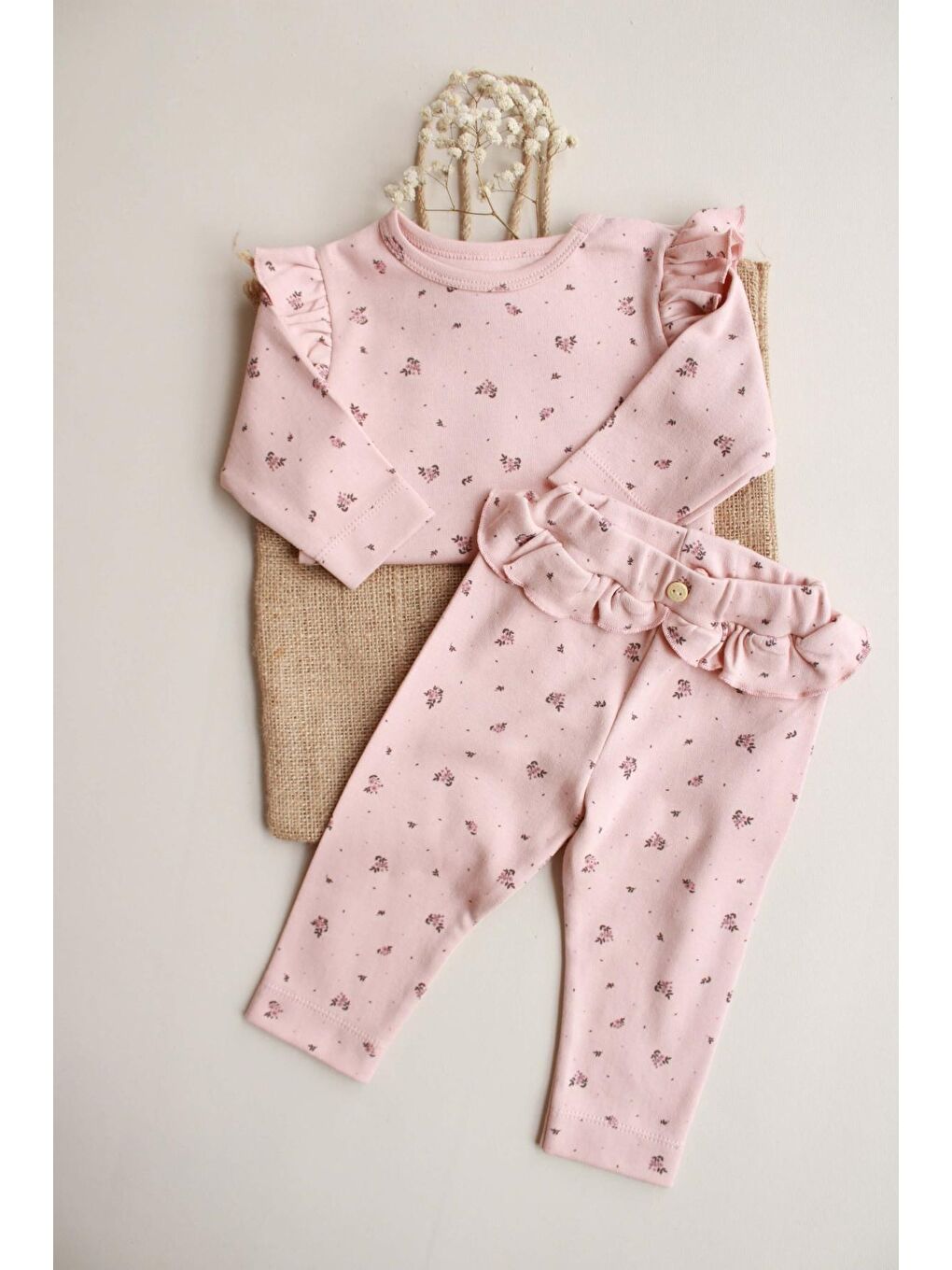 Bej Gül Baskılı Fırfırlı Body Tayt Takım-2