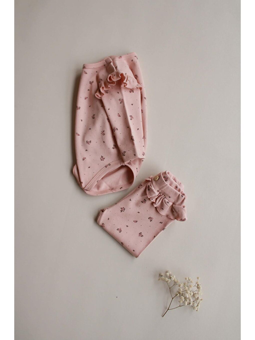 Bej Gül Baskılı Fırfırlı Body Tayt Takım-7