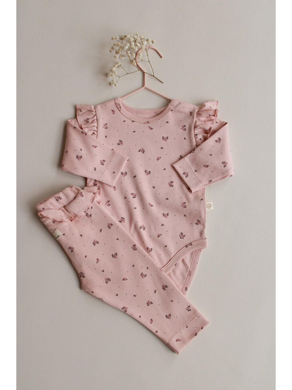 Bej Gül Baskılı Fırfırlı Body Tayt Takım-8