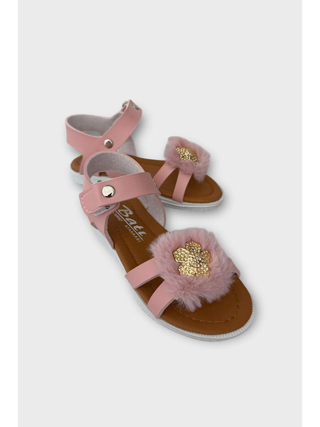 Pembe Cırtlı Pelüş Fiyonklu Kız Çocuk Sandalet Pudra-2