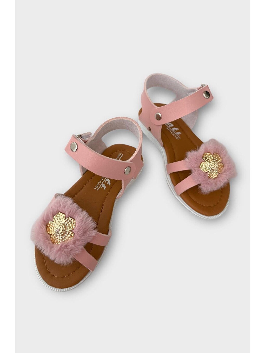 Pembe Cırtlı Pelüş Fiyonklu Kız Çocuk Sandalet Pudra-4