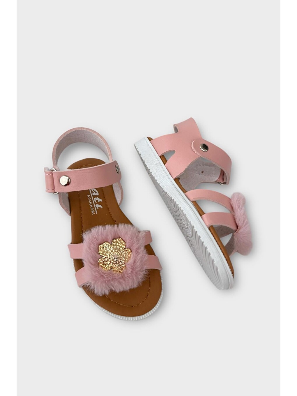 Pembe Cırtlı Pelüş Fiyonklu Kız Çocuk Sandalet Pudra-6