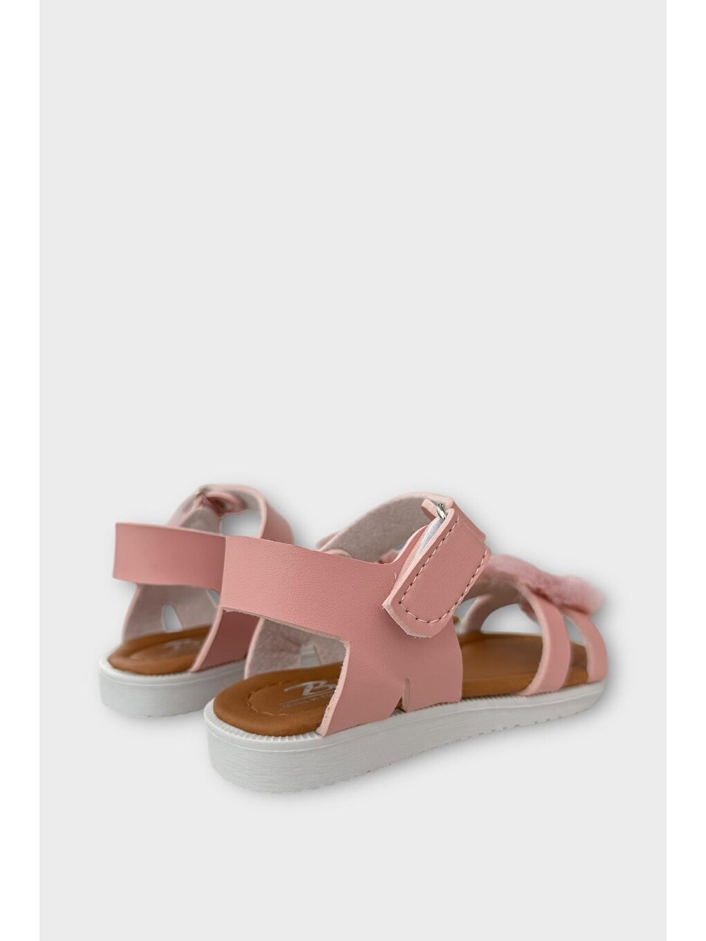 Pembe Cırtlı Pelüş Fiyonklu Kız Çocuk Sandalet Pudra-9