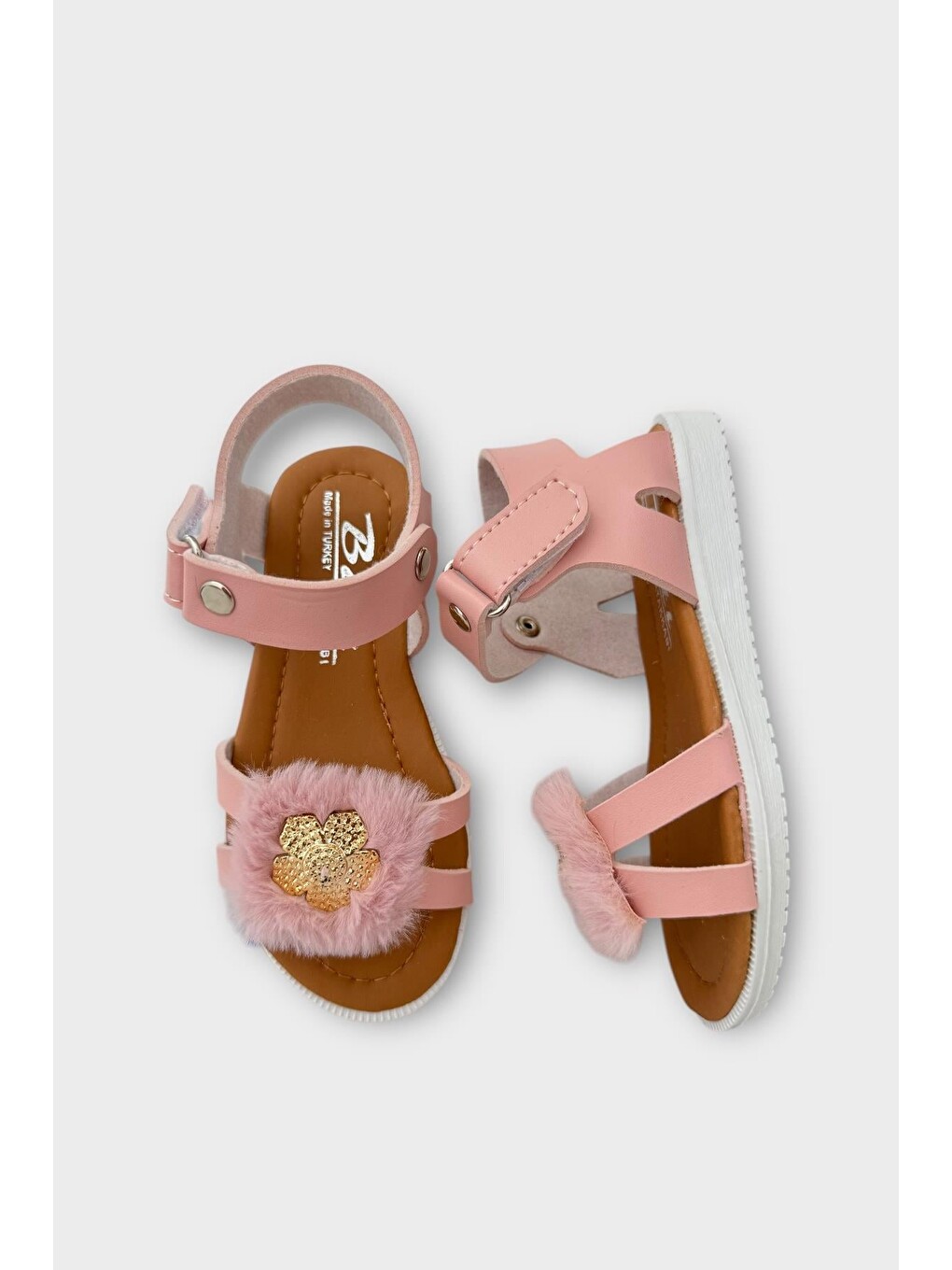 Pembe Cırtlı Pelüş Fiyonklu Kız Çocuk Sandalet Pudra-11