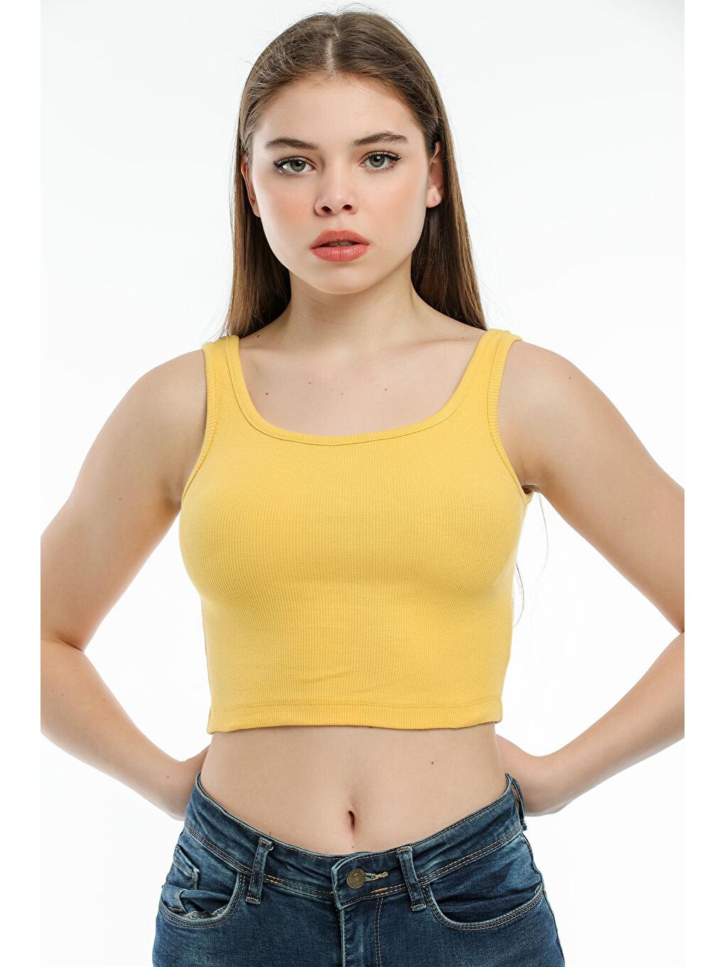 Sarı Kadın Crop Örme Slim Fit Atlet-Tişort SPR21Y12-2