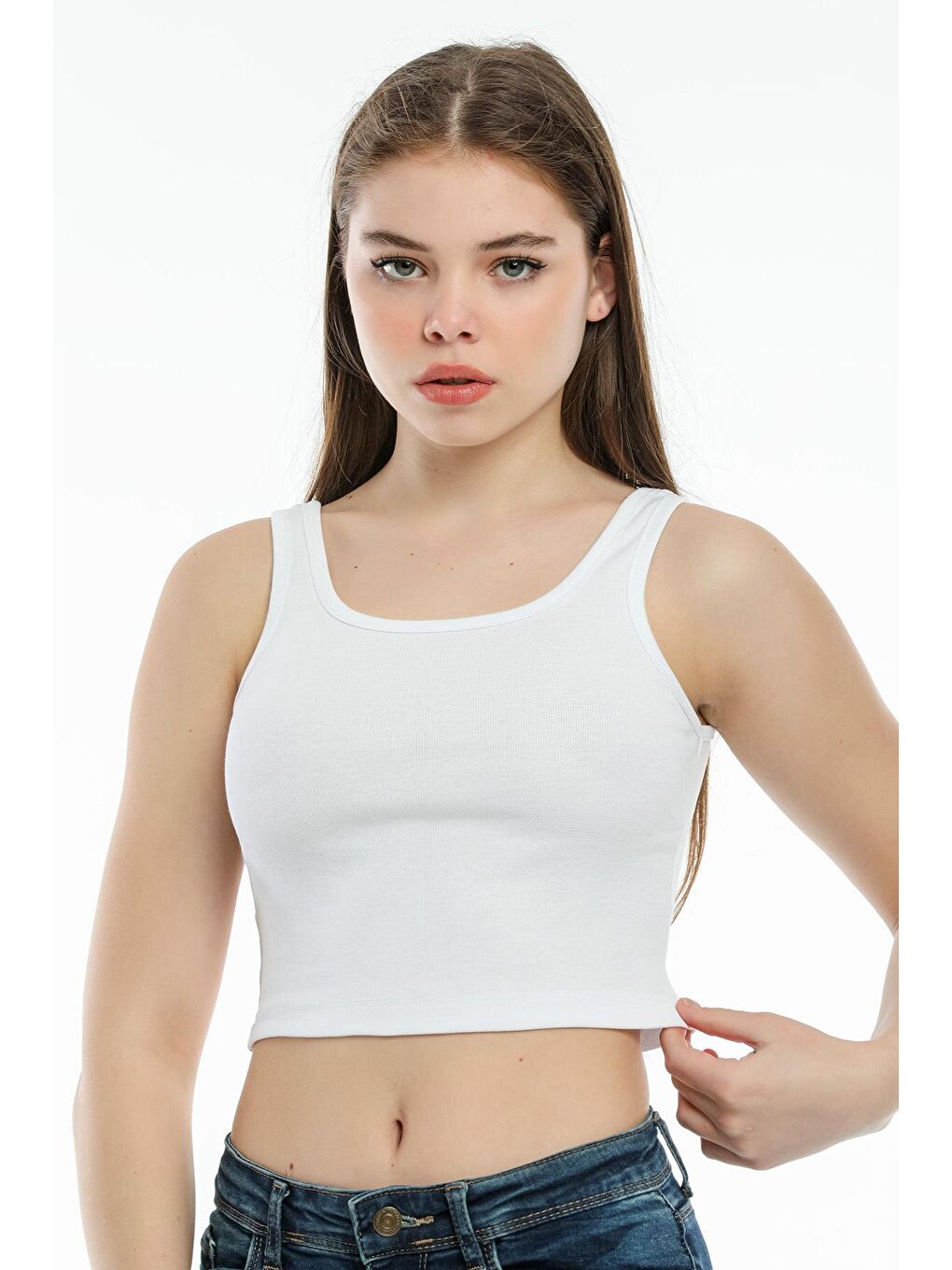 Beyaz Kadın Crop Örme Atlet-Tişort SPR21Y12