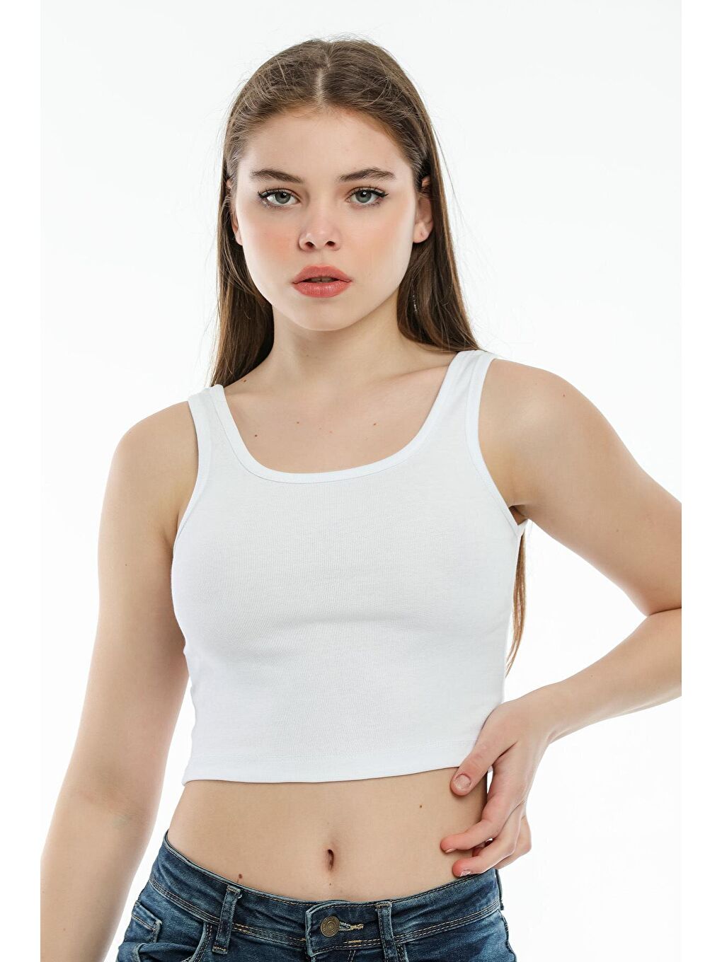 Beyaz Kadın Crop Örme Atlet-Tişort SPR21Y12-1