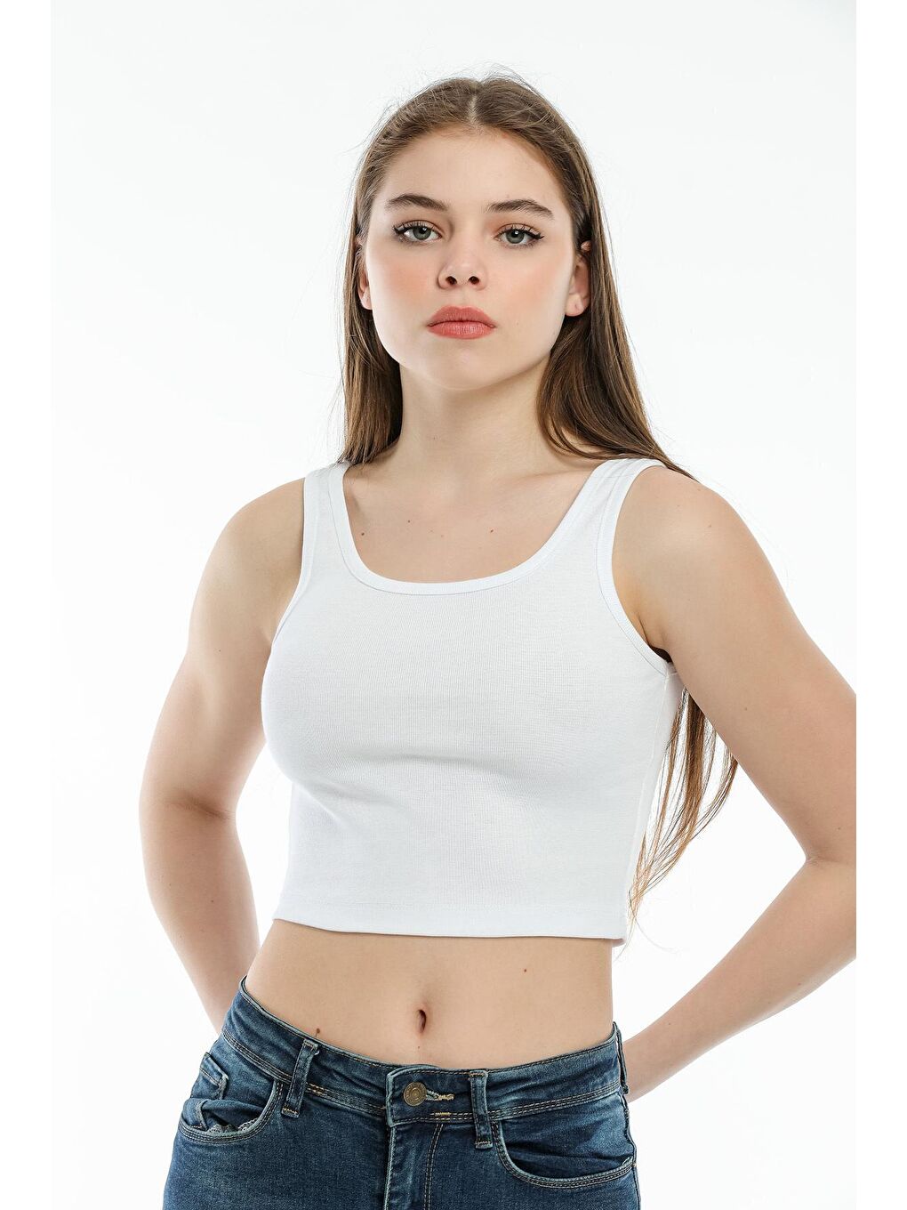 Beyaz Kadın Crop Örme Atlet-Tişort SPR21Y12-2