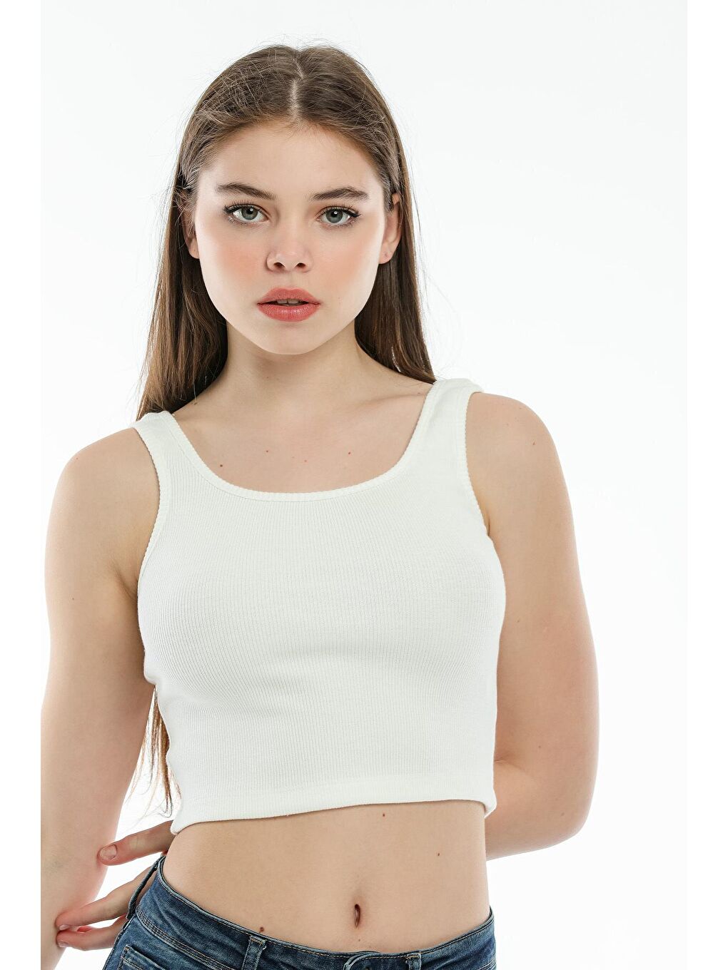 Ekru Kadın Crop Örme Slim Fit Atlet-Tişort SPR21Y12