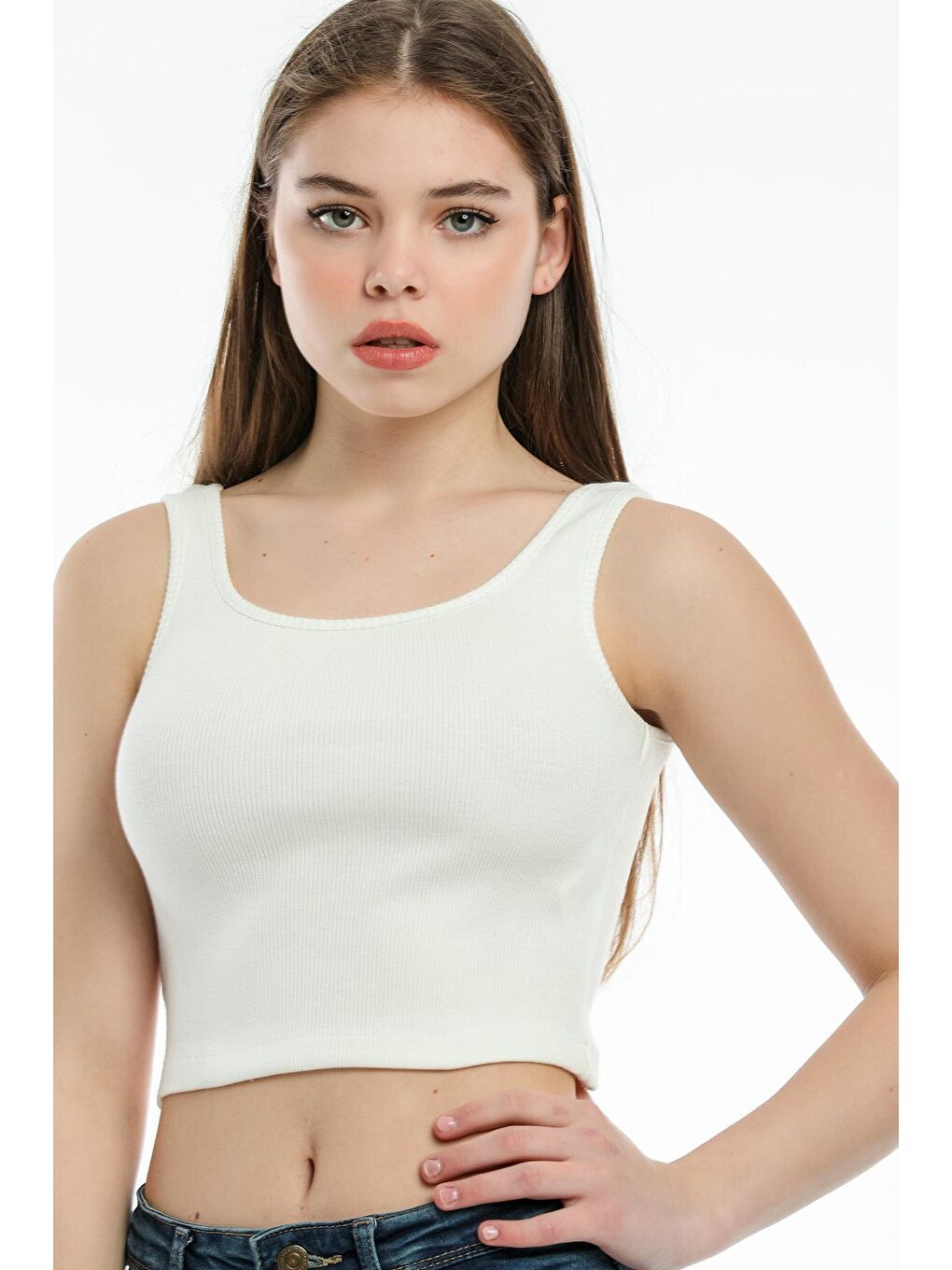 Ekru Kadın Crop Örme Slim Fit Atlet-Tişort SPR21Y12-1