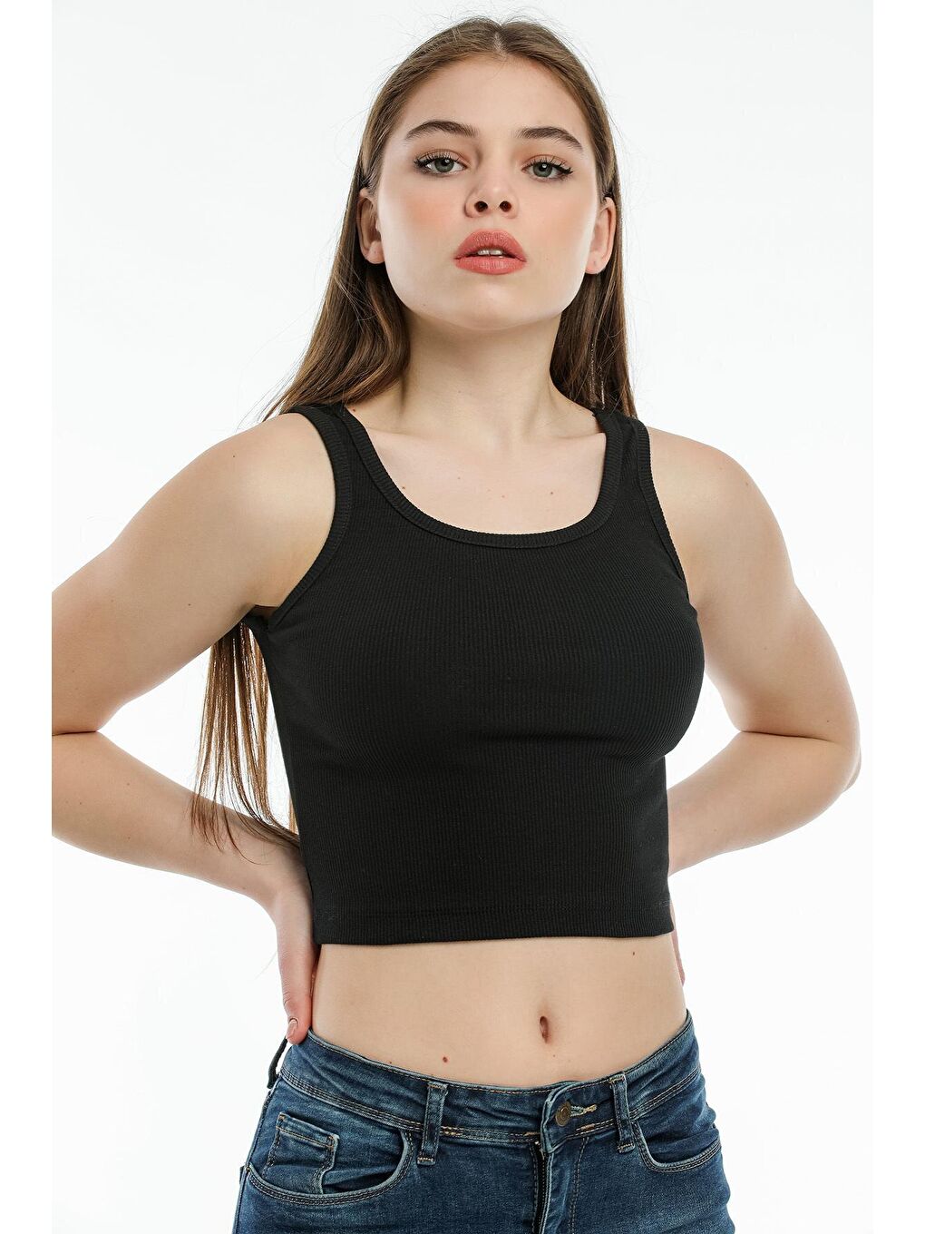 Siyah Kadın Crop Örme Atlet-Tişort SPR21Y12-1