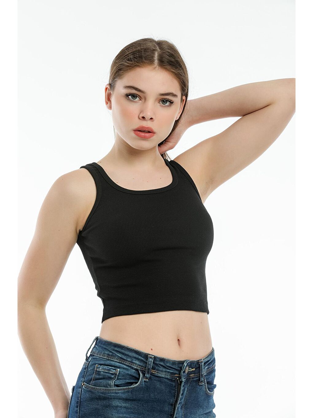 Siyah Kadın Crop Örme Atlet-Tişort SPR21Y12-2