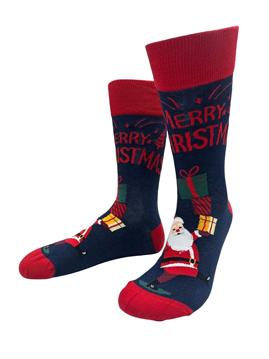 Kırmızı Erkek Yılbaşı Çorabı 41-46 Numara Desenli Pamuklu Elastanlı 2’li Paket-3