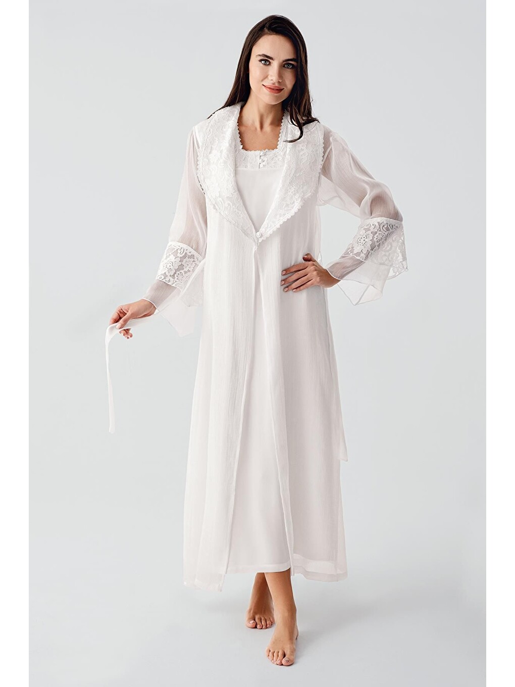 Ekru Elegant Dokuma Dantelli Viskoz Sabahlık Gecelik Takım Bn03