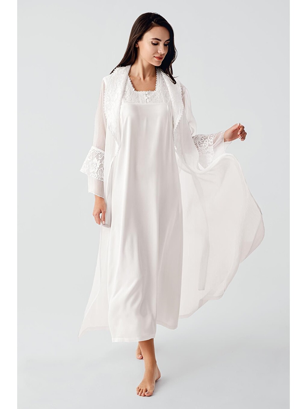 Ekru Elegant Dokuma Dantelli Viskoz Sabahlık Gecelik Takım Bn03-2