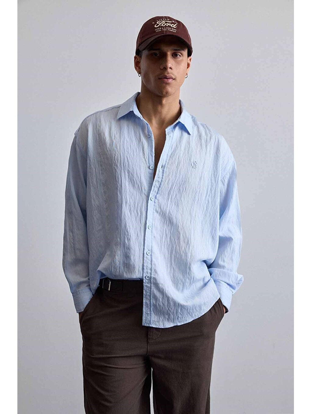 Erkek Relaxed Fit Uzun Kollu Dokulu Gömlek Mavi-2