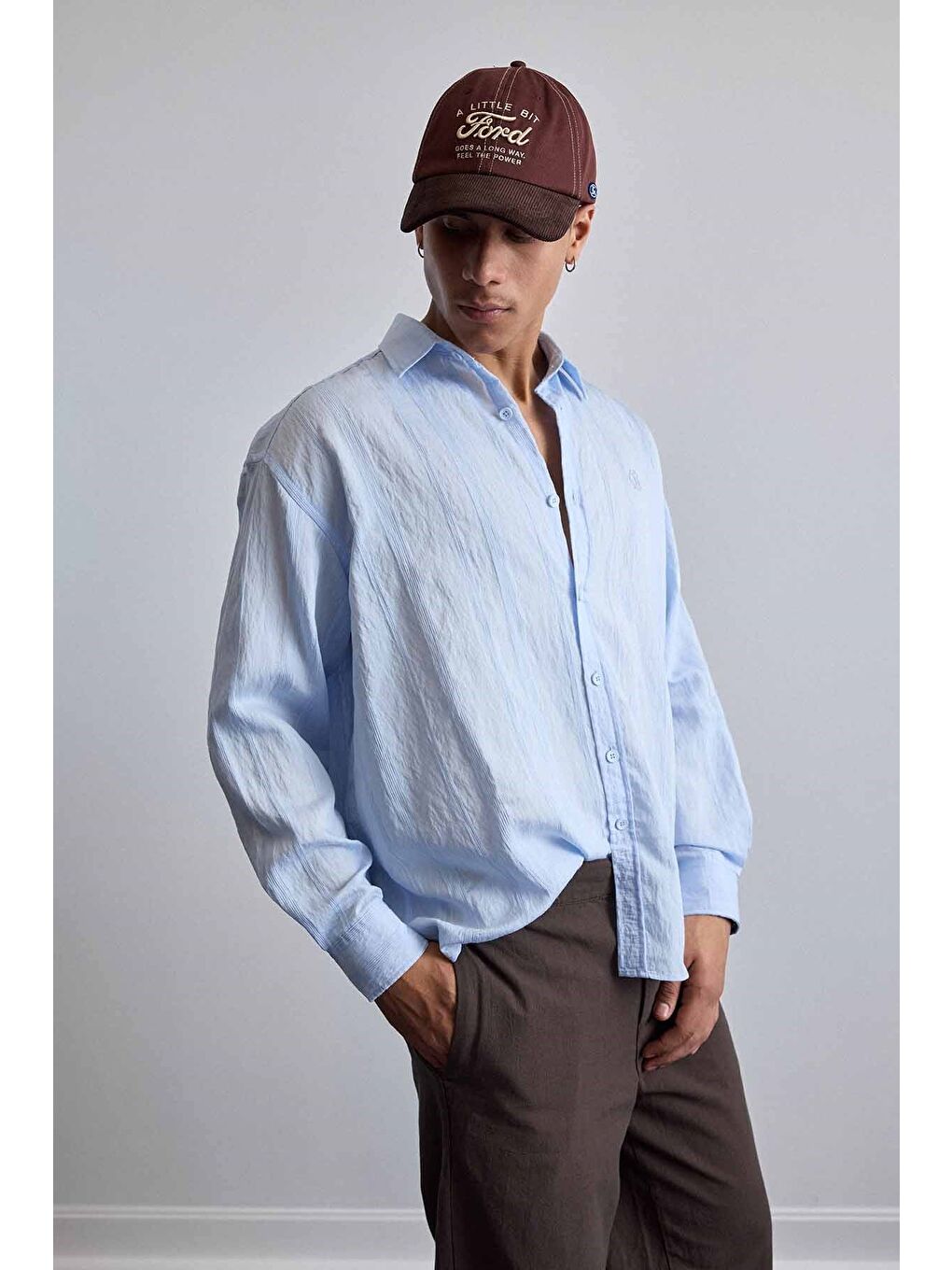 Erkek Relaxed Fit Uzun Kollu Dokulu Gömlek Mavi-4